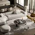 Modern Living and Dining Room Interior With Gray Sofa Round Coffee Table and Dining Chairs