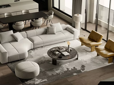 Modern Living and Dining Room Interior With Gray Sofa Round Coffee Table and Dining Chairs 3d model