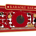 Karaoke Bar Window Display With Red Gold Decor Stage Gramophone And Lighting