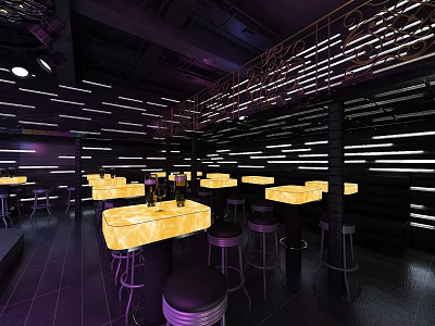 Modern Bar Interior With Stylish Lighting Design And Yellow Counter Stools 3d model