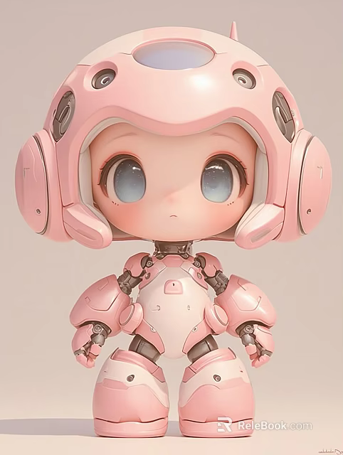 Cute Pink Robot Art Installation With Large Eyes And Mechanical Structure 3d model 
