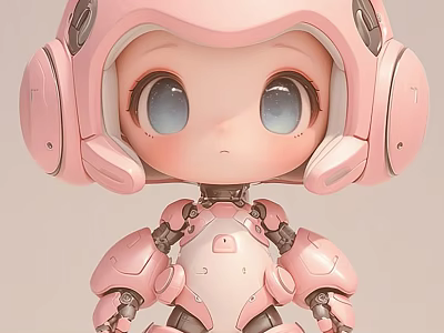 Cute Pink Robot Art Installation With Large Eyes And Mechanical Structure 3d model