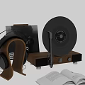 Decorative Ornament Set with Vinyl Record Player Headphone Stand Open Book and Glass Cup