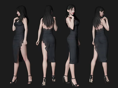Woman in Black Dress with Lace Details and Side Slit in High Heels Multiple Angles 3d model