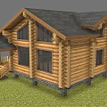 Rustic Log Cabin Exterior With Gabled Roof Wooden Stairs And Stone Foundation