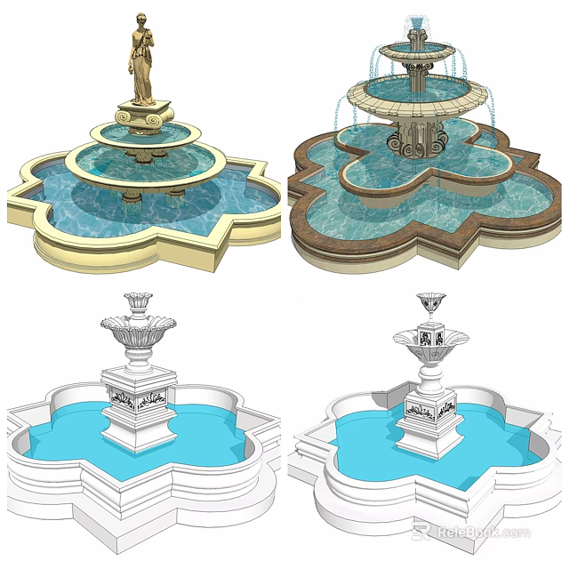 Classical Multi tiered Fountain With Decorative Top And Petal Shaped Blue Water Basin 3d model 