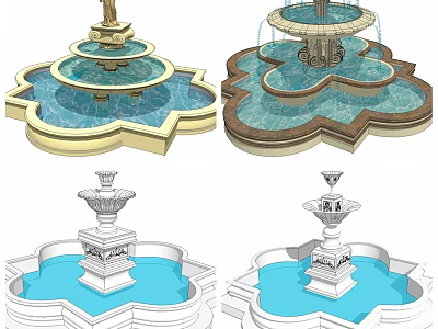 Classical Multi tiered Fountain With Decorative Top And Petal Shaped Blue Water Basin 3d model