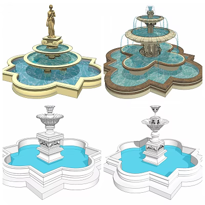 Classical Multi tiered Fountain With Decorative Top And Petal Shaped Blue Water Basin 3d model
