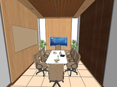 Modern Conference Room With Long Table Chairs Whiteboard Large Screen TV And Green Plants 3d model