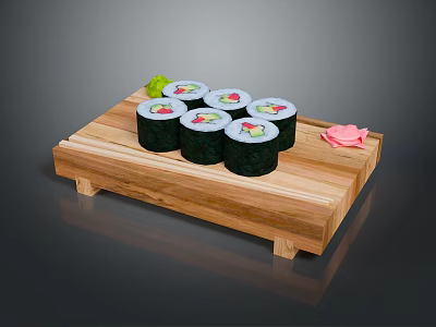 Fresh Sushi Rolls On Wooden Tray With Avocado Rice Nori Pickled Ginger And Wasabi 3d model