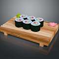 Fresh Sushi Rolls On Wooden Tray With Avocado Rice Nori Pickled Ginger And Wasabi