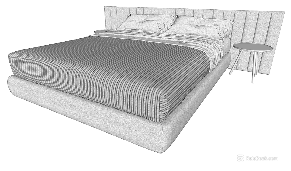 Modern Double Bed with Upholstered Headboard Two Pillows Striped Bedspread and Small Nightstand 3d model 