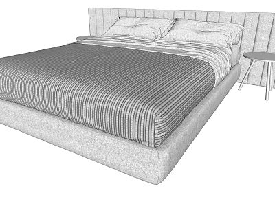 Modern Double Bed with Upholstered Headboard Two Pillows Striped Bedspread and Small Nightstand 3d model