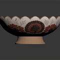 Decorative Household Bowl With Red And Black Floral Patterns Scalloped Edge And Copper Base