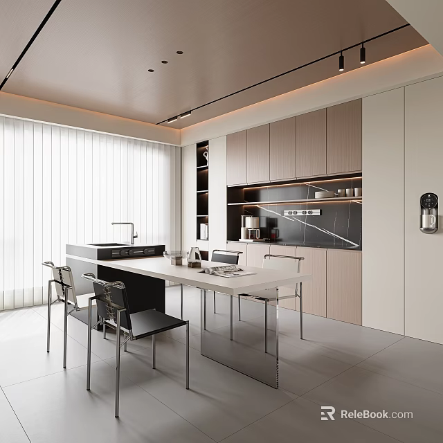 Modern Restaurant Interior With White Dining Table Gray Chairs And Wooden Cabinets Lighting 3d model 