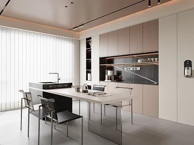 Modern Restaurant Interior With White Dining Table Gray Chairs And Wooden Cabinets Lighting 3d model