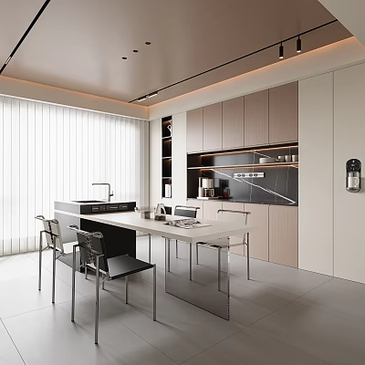 Modern Restaurant Interior With White Dining Table Gray Chairs And Wooden Cabinets Lighting 3d model