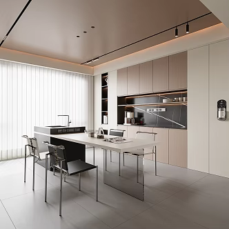 Modern Minimalist Dining Room Island Table Stainless Steel Single Chair Closed Kitchen Sideboard Chandelier Dream Curtain Jewelry Ornaments 3d model