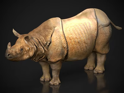 Realistic Brown Rhinoceros 3D Model Standing On Shiny Black Surface With Detailed Textured Skin 3d model