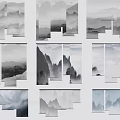 Elegant Modern Chinese Ink Painting Window Blinds With Mountain Landscape Pattern 3d model