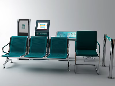 Public Facility Waiting Area With Green Seats Self Service Terminals And Screens 3d model