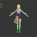 3D Model Character With Green Hair Light Green Top And Blue Shorts On Gray Background