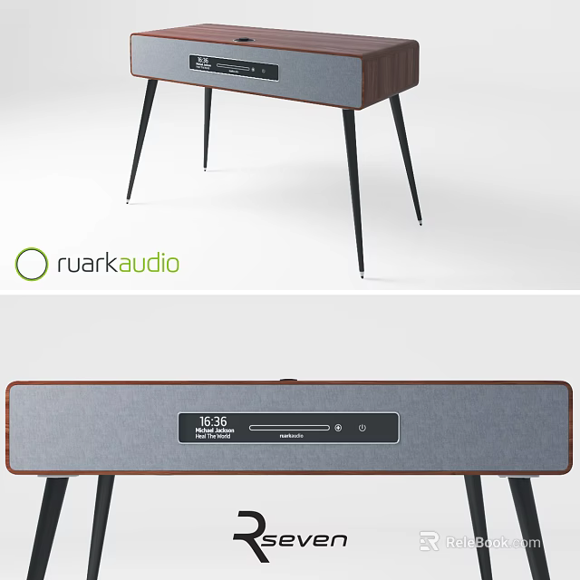 Ruark Audio Modern Speakers With Wooden Design Black Legs Grey Fabric And Display Screen 3d model 