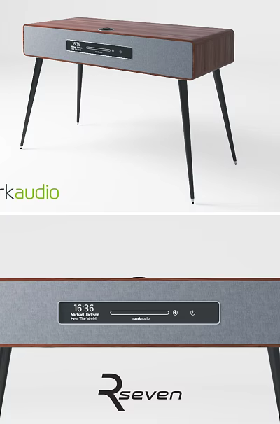 Ruark Audio Modern Speakers With Wooden Design Black Legs Grey Fabric And Display Screen 3d model