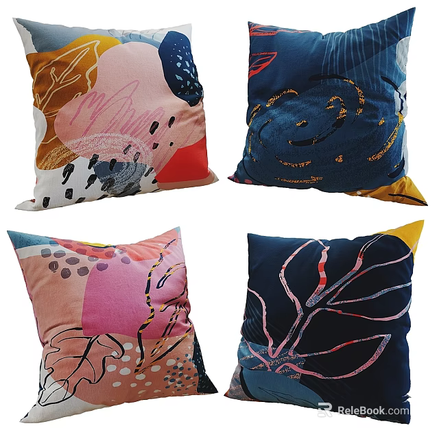 Colorful Decorative Pillows With Abstract Leaf And Geometric Patterns For Home Decor 3d model