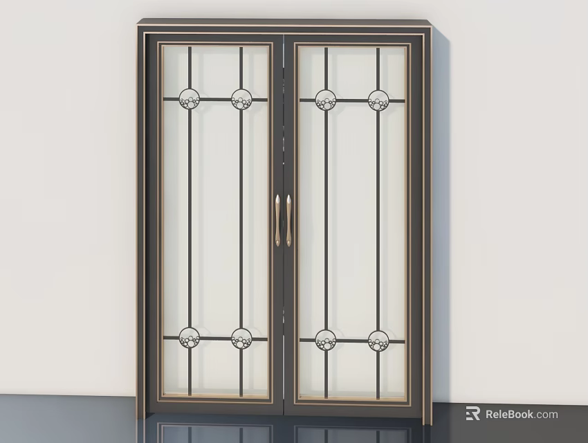 Double Casement Doors with Glass Panels Decorative Circular Patterns Dark Frame and Metal Handles 3d model 