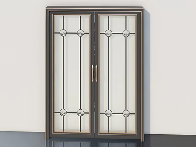 Double Casement Doors with Glass Panels Decorative Circular Patterns Dark Frame and Metal Handles 3d model