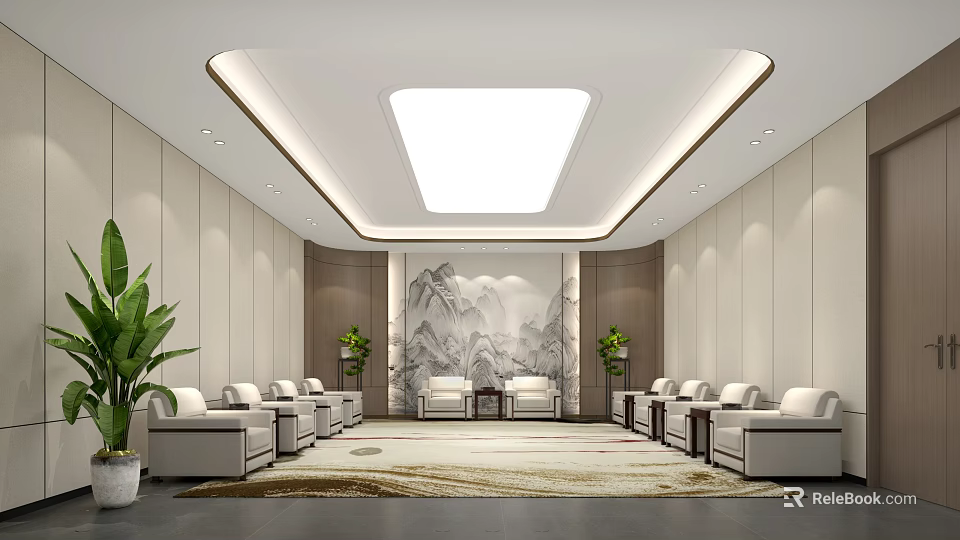 Modern Hotel Public Lounge Area With Comfortable Sofas Large Rug And Mountain Painting Backdrop 3d model 