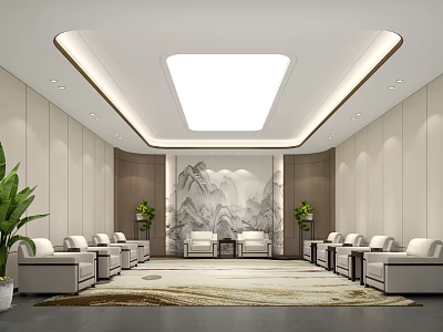 Modern Hotel Public Lounge Area With Comfortable Sofas Large Rug And Mountain Painting Backdrop 3d model