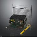 Green Graffiti Covered Dumpster Near Chain Link Fence With Yellow Stripes And Dry Grass