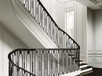 Curved Staircase With Black Iron Railing And White Wall Interior Design 3d model