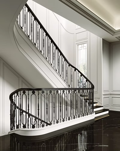 Curved Staircase With Black Iron Railing And White Wall Interior Design 3d model