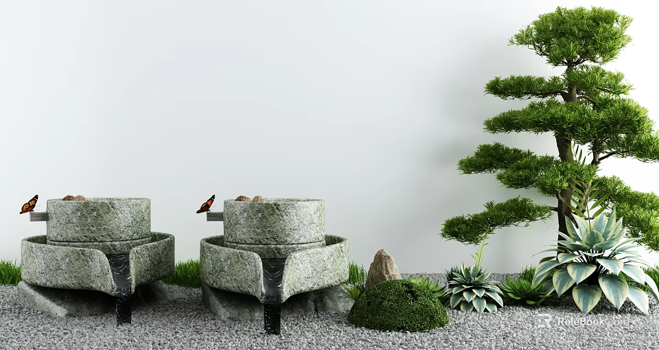 Japanese Style Courtyard Garden with Stone Mills Pine Tree Gravel Moss and Green Plants 3d model 