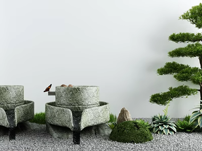 Japanese Style Courtyard Garden with Stone Mills Pine Tree Gravel Moss and Green Plants 3d model