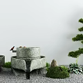 Japanese Style Courtyard Garden with Stone Mills Pine Tree Gravel Moss and Green Plants