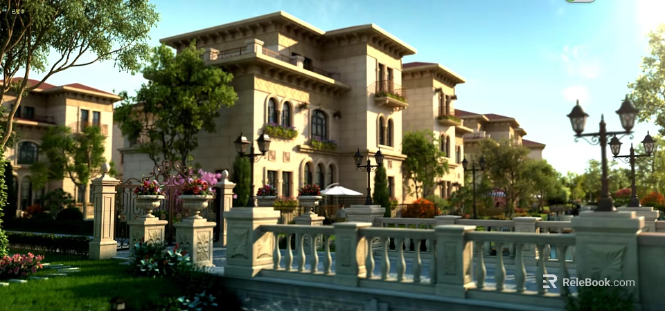 Classic European Style Townhouse with Stone Facade Arched Windows and Landscaped Garden 3d model 