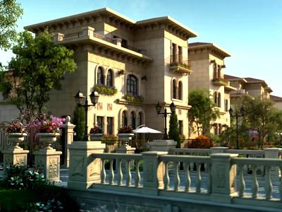 Classic European Style Townhouse with Stone Facade Arched Windows and Landscaped Garden 3d model