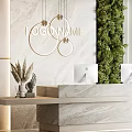Modern Marble Reception Desk With Logo Display Green Living Wall Computer Monitors And Hanging Lights