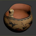 Traditional Decorative Bowl With Orange Interior And Black Red Landscape Patterns And Small Duck Ornament