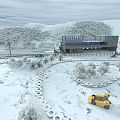 Snow Covered Garden Decor With Modern Building Trees Tire Lined Paths And Yellow Car