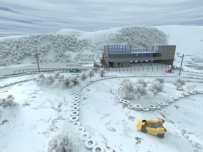 Snow Covered Garden Decor With Modern Building Trees Tire Lined Paths And Yellow Car 3d model