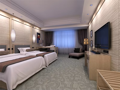 Modern Hotel Guest Room Interior With Twin Beds Flat Screen TV Sofa And Cozy Carpet 3d model