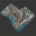 3D Coastal Terrain Model With Mountain Blue Water Sandy Beach And Buildings