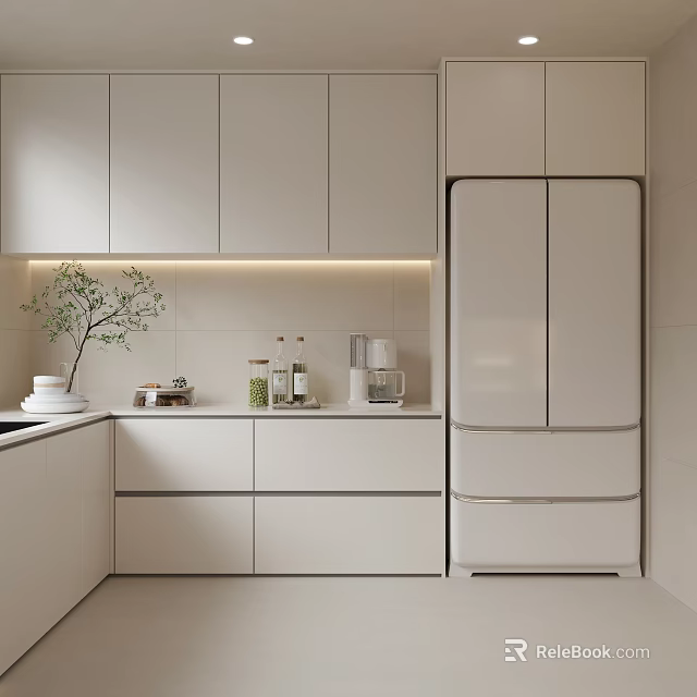 Modern White Kitchen Interior With Integrated Cabinets Refrigerator Green Plant Countertop And LED Strip Lights 3d model 