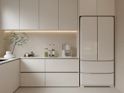Modern White Kitchen Interior With Integrated Cabinets Refrigerator Green Plant Countertop And LED Strip Lights 3d model