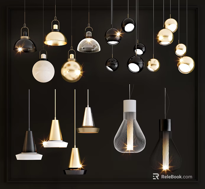 Stylish Modern Pendant Lights With Various Designs Gold Black And Glass 3d model 